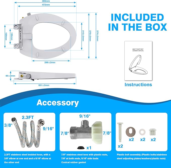 Non-Electric Elongated Bidet Toilet Seat with Dual Nozzle - Front & Rear Wash, Quiet-Close Lid, Adjustable Pressure, Easy Installation, Hygienic Fresh Water Bidet (Elongated)