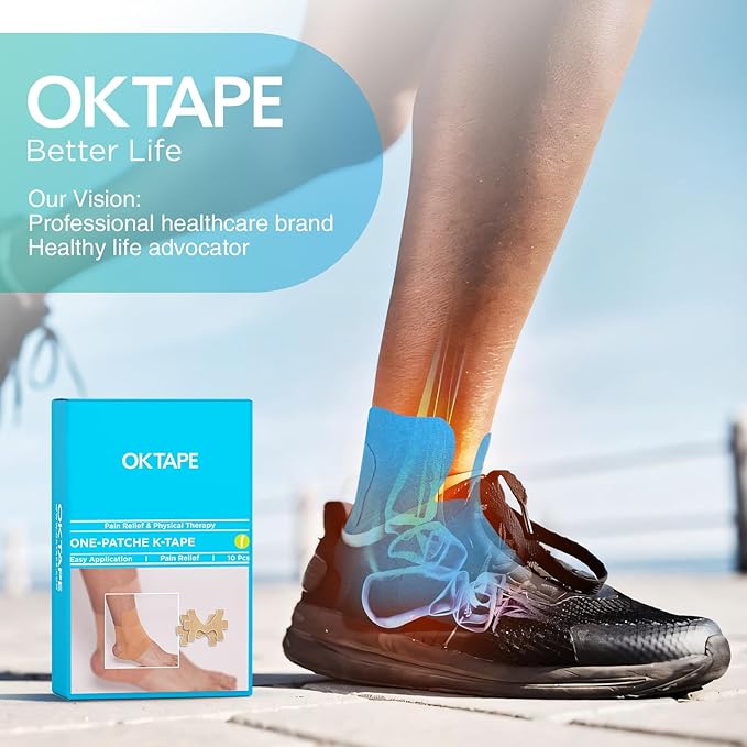 OK TAPE Precut Kinesiology Ankle Tape, 10 Pcs, Pain Relief, Prevent Ankle Sprain, Provide Support for Ankle Ligament, Elastic Athletic Tape, Breathable K Tape for Daily use - Blue