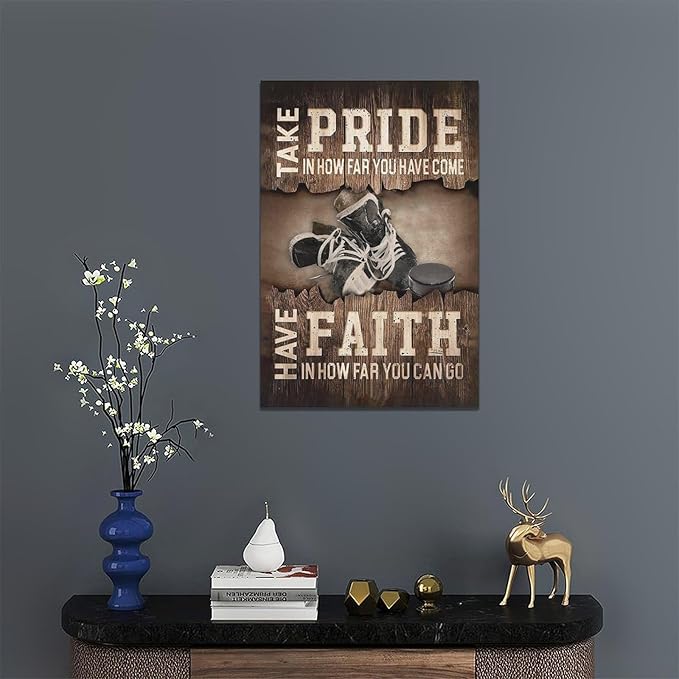 Fleruku Rustic Hockey Wall Art Sports Wall Decor Inspirational Quotes Brown Pictures Ice Hockey Sign Canvas Painting Artwork Home Decorations for Boy Man Teenager Fans Bedroom Living Room 16"x24"
