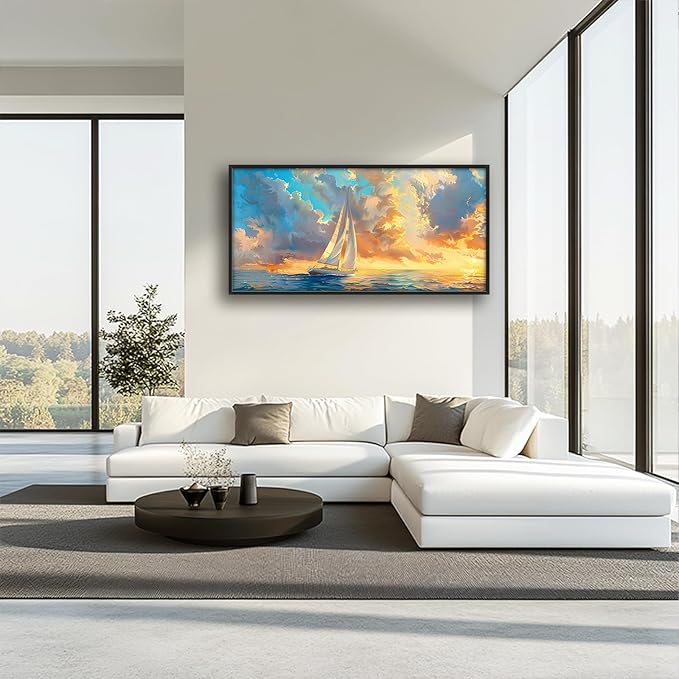 Large Ocean Sailboat Framed Wall Art for Living Room Blue Coastal Pictures Wall Decor Ocean Canvas Print Painting Artwork Modern Home Decorations for Living Room Bedroom Office 60x30 inch