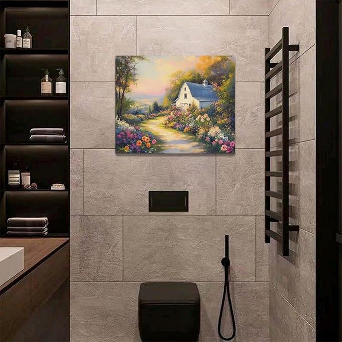 Olivine Garden Wall Art, Barn Pictures Wall Decor, Sunset Painting Vintage Village Garden Canvas Print, Framed Artwork for Living Room Bedroom Bathroom Office Home Decoration 20"x16"