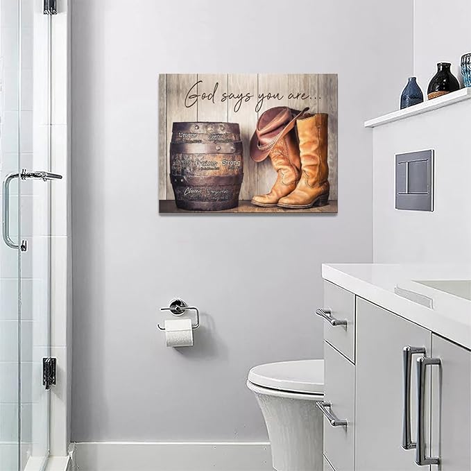 God says you are decor wall art western cowboy canvas Pictures cowboy boots Wall Decor Christian Canvas Prints Painting Framed Artwork for Bathroom living room Bedroom 16"x12"