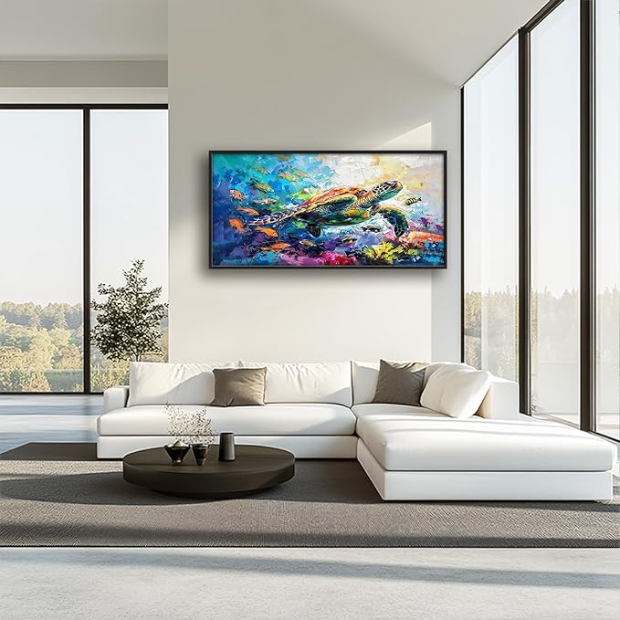 Large Sea turtle Framed Wall Art for Living Room Ocean Sea Turtle Pictures Canvas Coastal Beach Print Painting Artwork Nautical Home Decorations for Bathroom Bedroom Office 60x30 inch