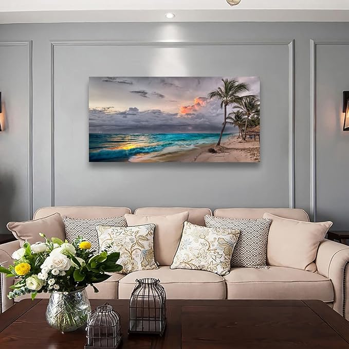 Beach Pictures Wall Art Canvas Prints Seascape Poster Bathroom Decor Blue Ocean Green Tree Painting for Living Room Bedroom Home Kitchen Decoration 20x40 Wooden Frame Natural Landscape Artwork
