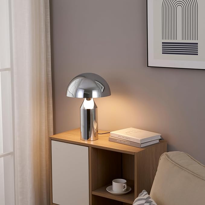 Brightech Venus 14" Globe Table Lamp – Modern Mid-Century Lamp with Golden Metal Shade – Nightstand, Bedside, Desk & Accent Table Lighting for Bedroom, Living Room & Office Décor - Chrome/Silver