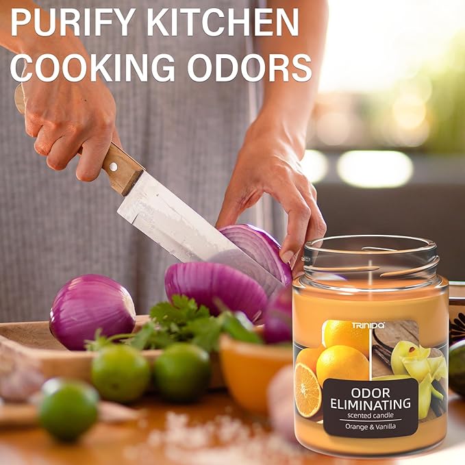 TRINIDa Orange & Vanilla Odor Eliminating Candles for Home Scented, Eliminates 99% of Pet, Smoke, Food and Other Smells Quickly, Highly Fragranced Candle, Premium Soy Candles Set for Women