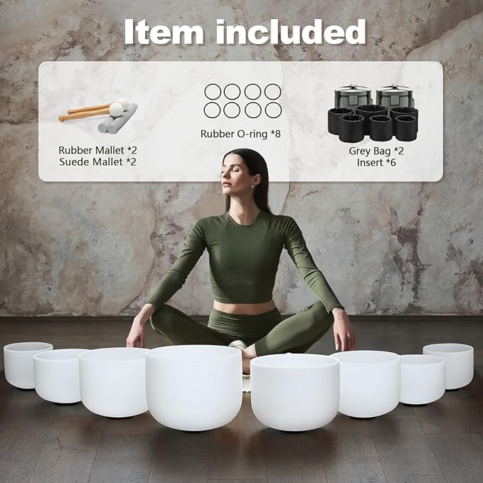 432HZ 7-14 Inch Set Of 8 PCS Frosted Chakra Quartz Crystal Singing Bowls for Sound Healing with 2 PCS Travel Carry Case Bag