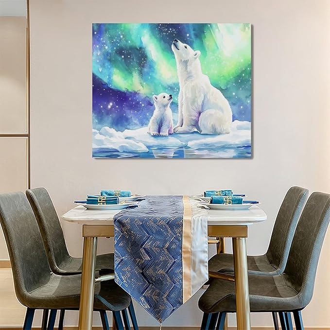 Olivine Polar Bear Wall Art, Northern Lights Pictures Wall Decor,Watercolor Polar Landscape Canvas Prints Paintings, Framed Artwork for Bathroom Bedroom Living Room Office Home Decoration 24"x20"