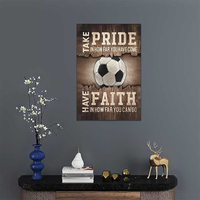 Fleruku Rustic Soccer Wall Art Sports Wall Decor Inspirational Quotes Brown Pictures Soccer Sign Canvas Painting Artwork Home Decorations for Boy Man Teenager Fans Bedroom Living Room 16"x24"
