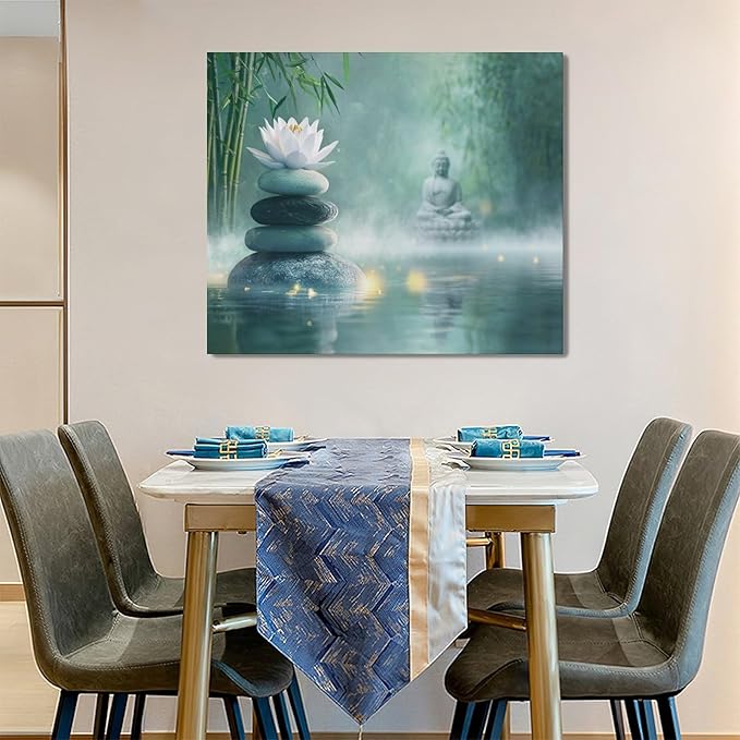 Olivine Zen Decor Wall Art, Lotus Pictures Wall Decor, Stones Flower Bloom Canvas Prints Painting, Framed Artwork for Meditation Bathroom Bedroom Living Room Office Home Decoration 24"x20"