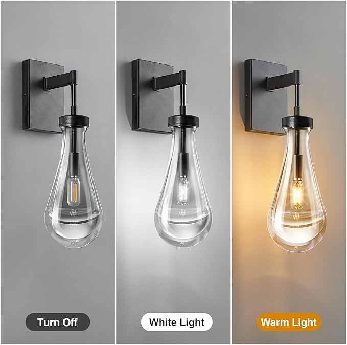 Raindrop Wall Sconces Black Sconces Wall Decor Modern Brass Wall Lighting Glass Bathroom Sconces Indoor Vanity Light Wall Lamp for Bedroom Living Room Stair (1 Pack)
