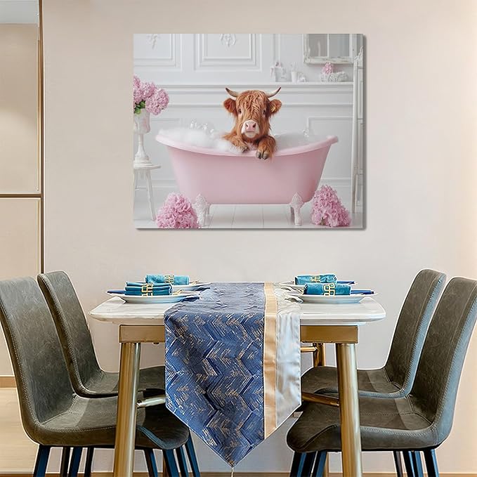 Bathroom Cow Wall Art Highland Cow Wall Decor Pink Pictures Canvas Painting Framed Artwork Home Decorations for Toilet Lavatory Living Room Bedroom 24"x20"