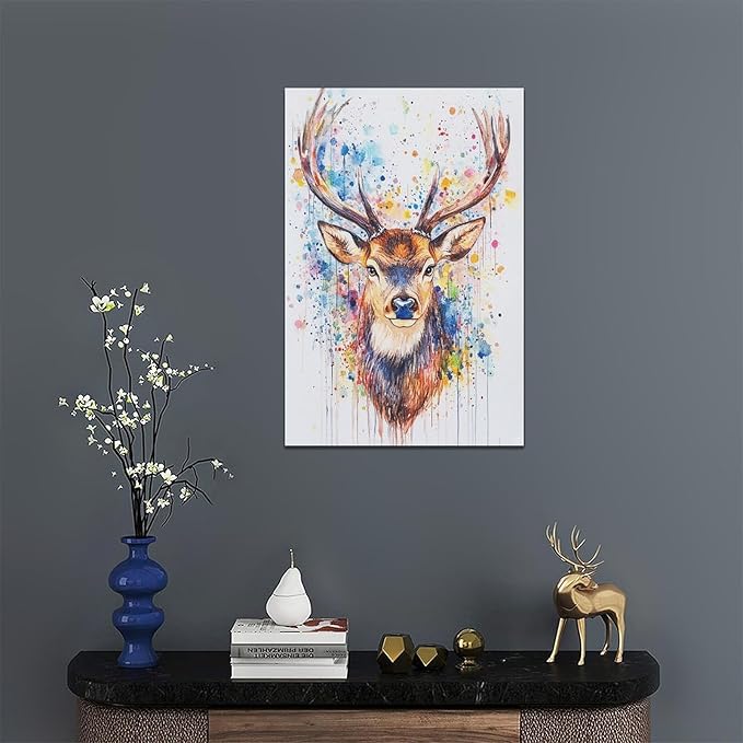 Fleruku Watercolor Deer Wall Art Colorful Elk Wall Decor Antlers Pictures Animal Canvas Painting Artwork Home Decorations for Living Room Bedroom Bathroom Office Nursery Classroom 16"x24"