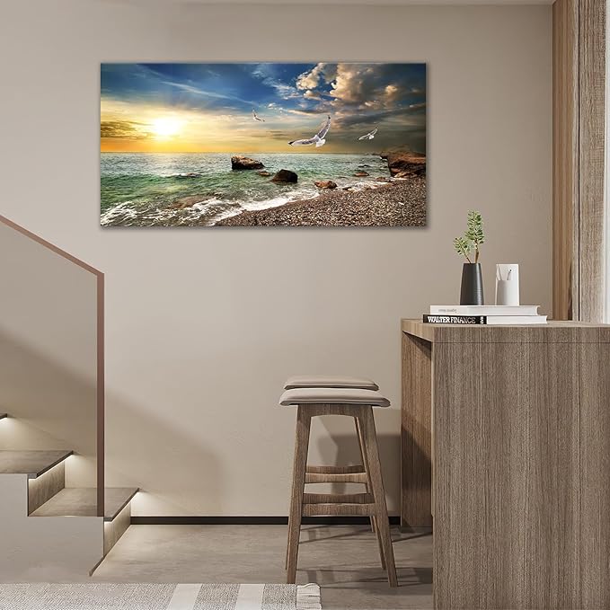 Coastal Beach Big Wall Art Ocean Picture Wall Decor Gold Sunlight Seagull Seascape Theme Large Canvas Print Modern Frame Artwork for Bedroom Bathroom Living Room Home Office 60"x30"