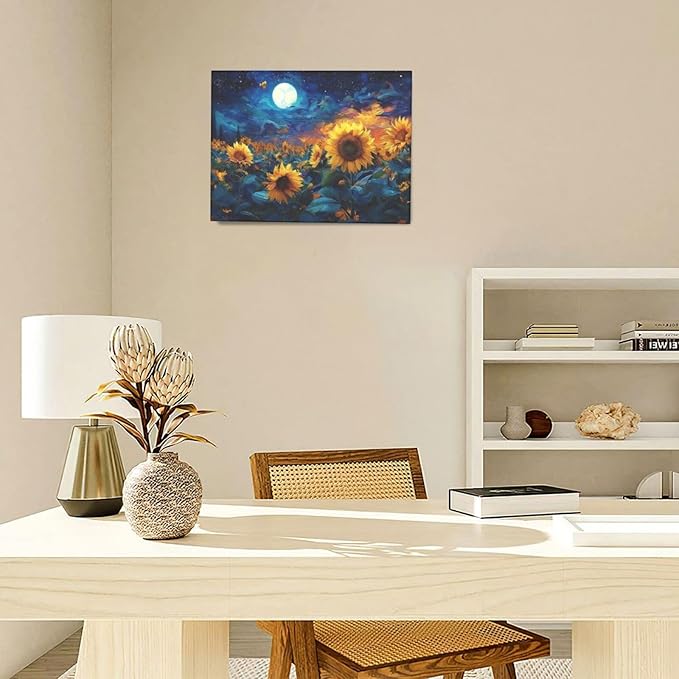 Sunflower Canvas Wall Art Starry Night Pictures Painting Yellow Floral Wall Decor Prints Framed Artwork Decoration for Living Room Bedroom Bathroom Dining Room Office 12"x16"
