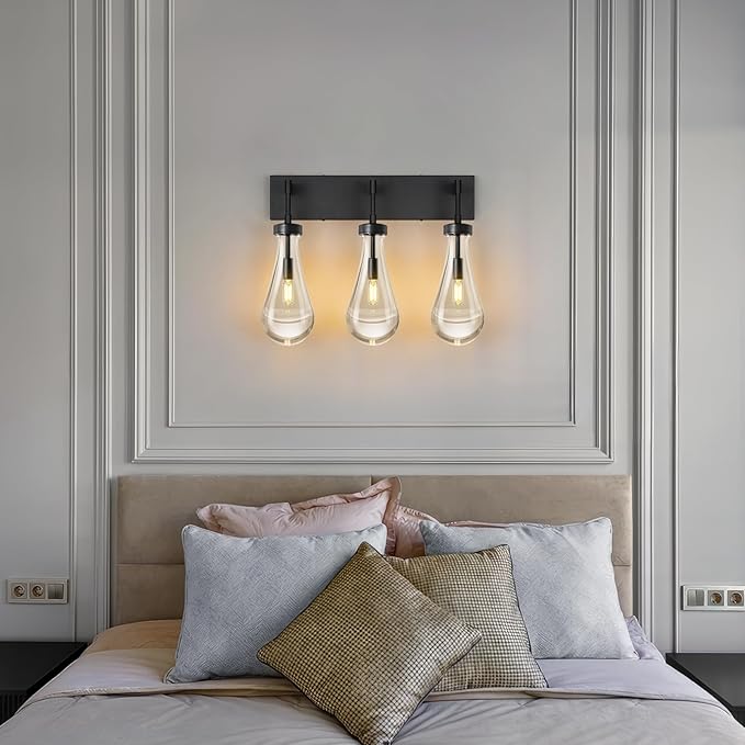 Raindrop Wall Sconces Black Crystal Sconces Wall Decor Modern Brass Lighting Glass Bathroom Sconces Indoor Vanity Light Wall Lamp for Bedroom Living Room Stair(3-Light)