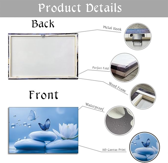 Zen Canvas Wall Art Bathroom Decor Bloom White Flower Prints Butterfly on Stone Picture Meditation Artwork for Living Room Office Yoga Spa Spiritual Room Decor Framed(Art-5,16.00x24.00 inch)