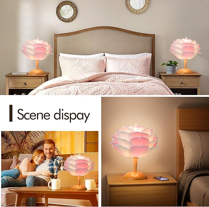 Lotus Table Lamp Flower Bedside Lamp Creative Pink and White Desk Nightstand Light Christmas Gift for Girl Bedroom Wedding Living Room Entry Restaurant Hotel Wooden Base