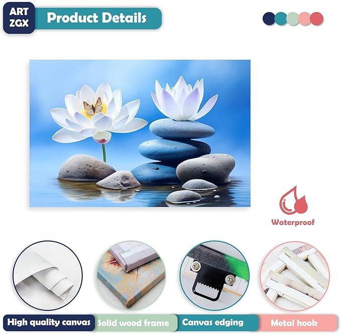ARTZGX Zen Canvas Wall Art for Bathroom Lotus Pictures Blue Spa Stone Painting Butterfly Flower Artwork for Yoga Decor Frame(Zen - B 24.00" x 36.00")