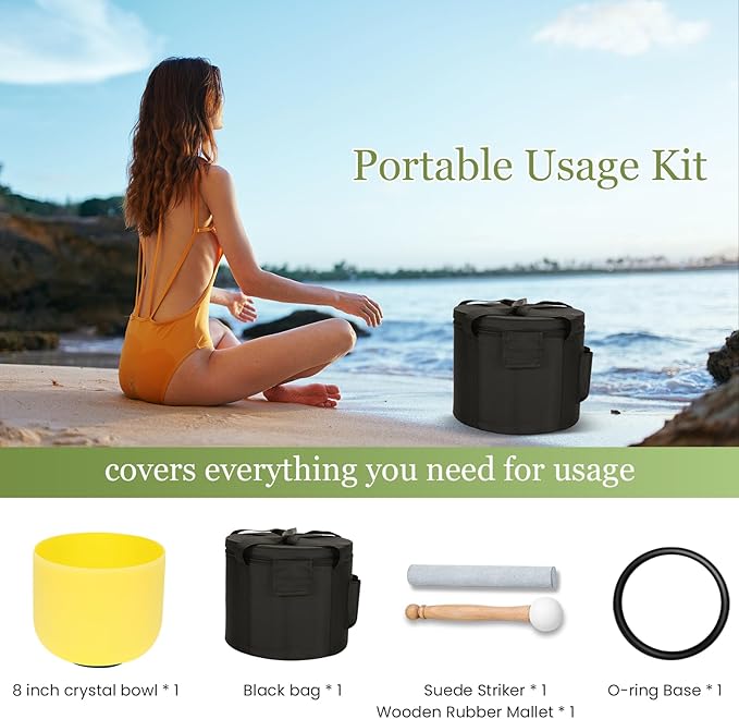 432HZ 8 Inchs E Note Yellow Frosted Crystal Singing Bowl for Meditation Healing Yoga Chakra Quartz Crystal Sound Bowls with Heavy Duty Carry Case and Rubber Mallet,Suede Striker,O-rings