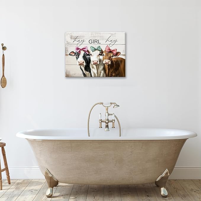 Olivine Cow Wall Art, Farmhouse Pictures Wall Decor, Cows Painting, Country Rustic Canvas Prints, Framed Artwork for Living Room Bedroom Bathroom Home Decoration 16"x12"