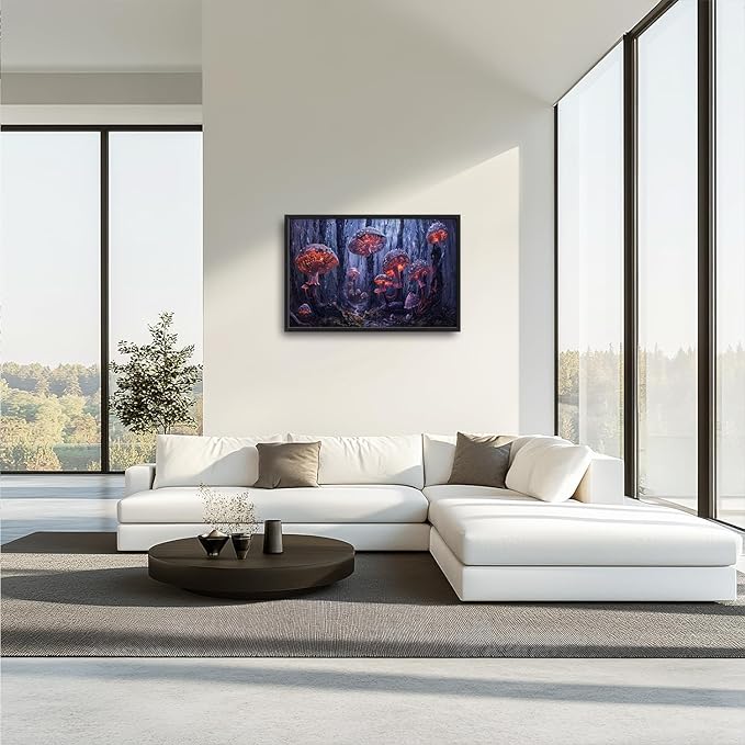 Large Mushroom Framed Wall Art for Living Room Forest Mushroom Canvas Wall Decor Rustic Pictures Print Painting Artwork Modern Home Decorations for Bedroom Office 36x24 inch