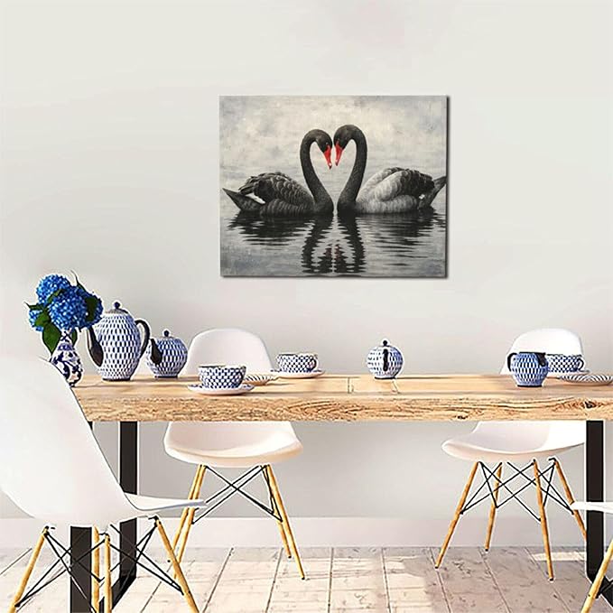 Black Swan Wall Art Vintage Canvas Wall Decor Swan Aesthetics Art Retro Pictures Painting Artwork Framed Decoration for Living Room Bedroom Bathroom Dining Room Office 16"x20"