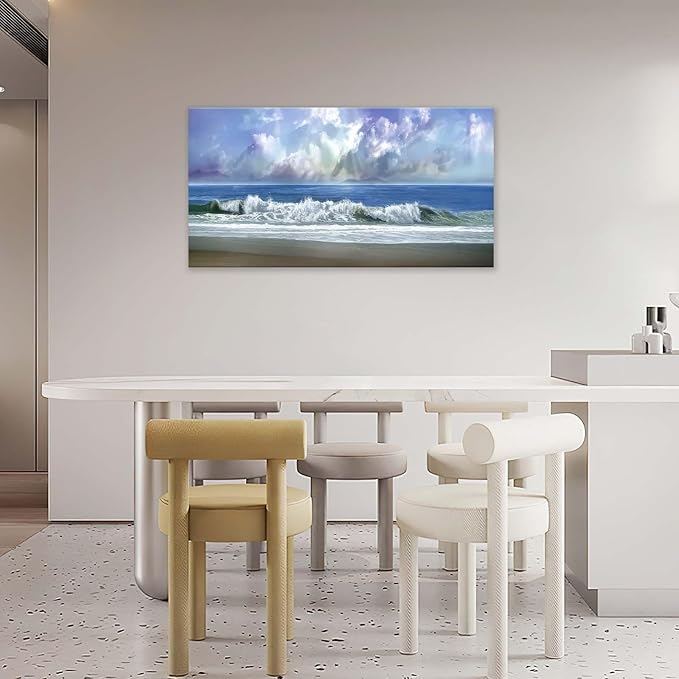 Bogosip Blue Ocean Wall Art Decor Beach Picture for Wall White Wave Painting Seascape Theme Large Canvas Print Modern Frame Artwork for Bedroom Bathroom Living Room Office 60"x30"