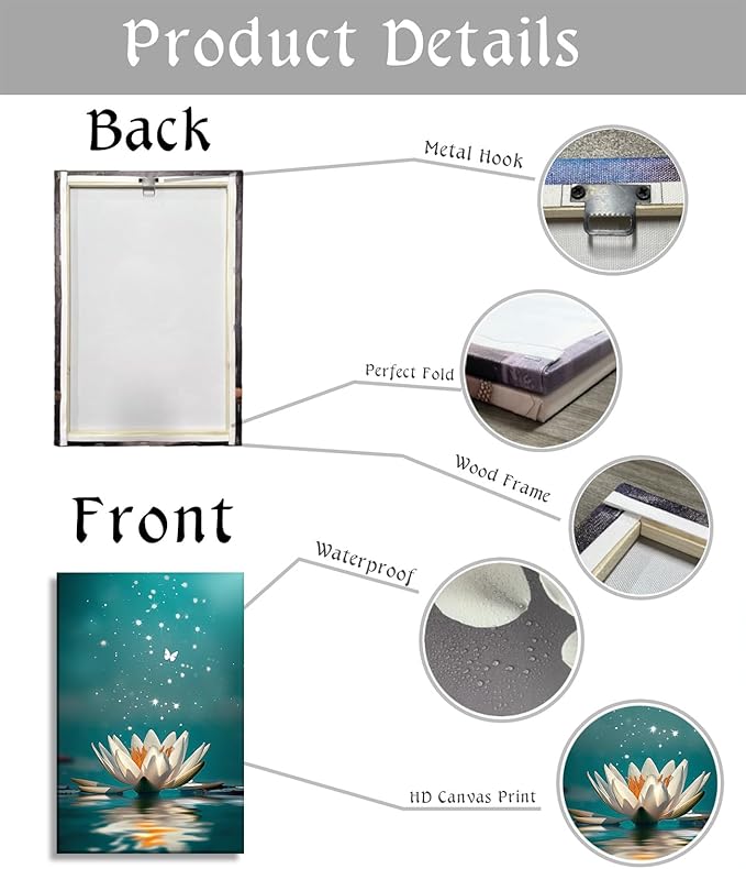 Lotus Canvas Wall Art Zen Wall Decor Teal Posters White Lotus on Water Picture Meditation Spiritual Art for Bathroom Living Room Home Office Decor Framed(Art-7,12.00x18.00 inch)