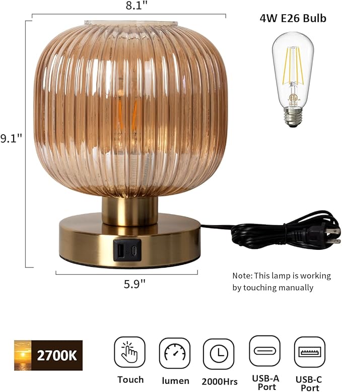 Big Touch Table Lamp,Elegant Gold Glass Bedside Lamp 3 Way Dimmable with USB C+A Charging Ports - Bedroom Nightstand & Living Room Essential, 4W Bulb Included (Gold)