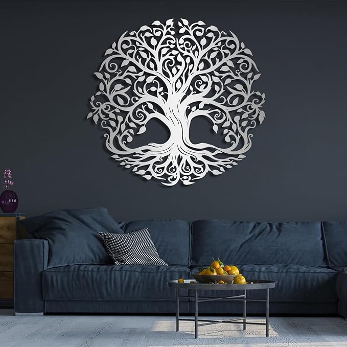 Yemwot Metal Tree of Life Wall Decor, Circle of Life Metal Trees Wall Art, Branch Art, Spiritual Decor, Modern Sculpture Decoration, Living Room Bedroom Decoration (White-Tree 2, 29"x 27"| 76x68cm)