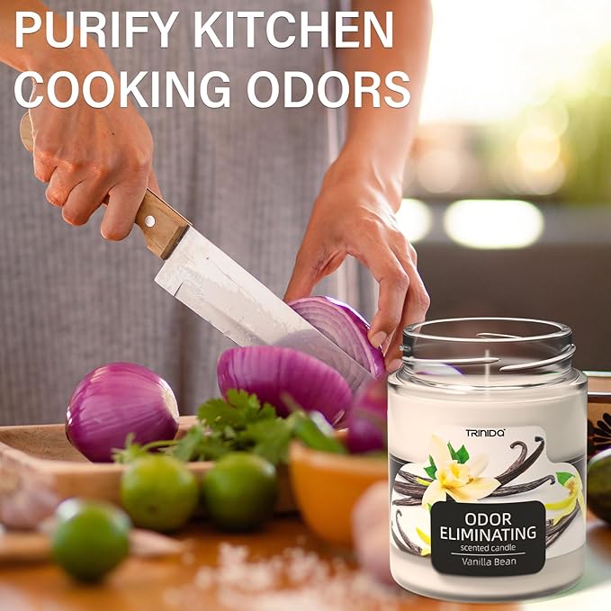 TRINIDa Vanilla Bean Odor Eliminating Candles for Home Scented, Eliminates 99% of Pet, Smoke, Food and Other Smell Quickly, Highly Fragranced Scented Candle, Premium Soy Candle Set for Women