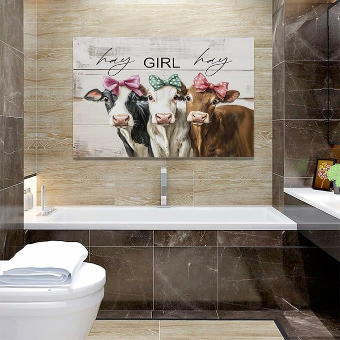 Olivine Cow Wall Art, Farmhouse Pictures Wall Decor, Cows Painting, Country Rustic Canvas Prints, Framed Artwork for Living Room Bedroom Bathroom Home Decoration 24"x16"