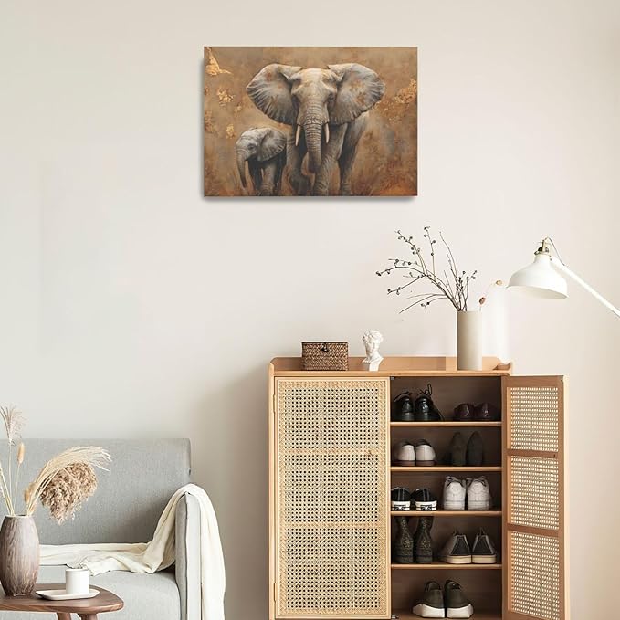 Elephant Wall Art African Animal Pictures Elephant Family Canvas Painting Decoration Artwork Framed Wall Decor Gifts for Women Girl Living Room Kids Bedroom 16"x24"