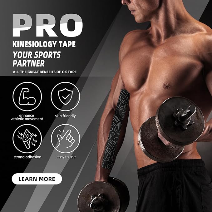 OK TAPE PRO Kinesiology Tape Uncut Roll, Elastic Physical Therapy Athletic Tape for Pain Relief, Muscle Support, Kinetic Tape, Water Resistant, 2in X 16.4ft -Black Gray 2 Rolls