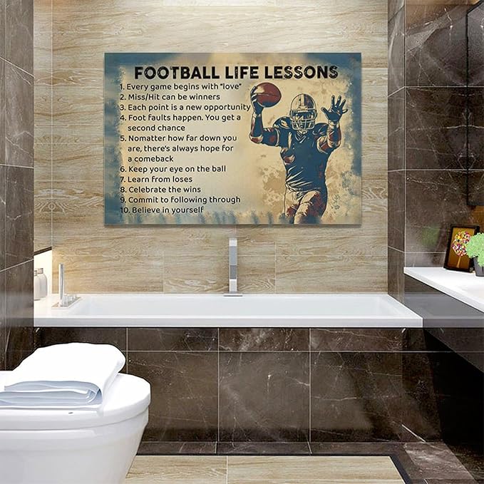 Farmhouse Football Wall Art For Boy Room Rustic Football Life Lessons Wall Decor Retro Football Sign Canvas Painting Artwork Home Decorations for Man Teenager Office Bedroom Living Room 24"x16"