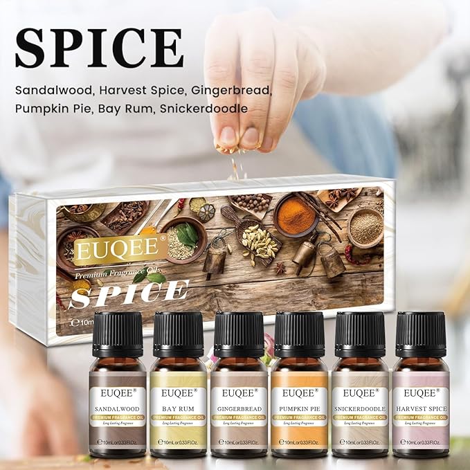 6PCS Spice Autumn Fragrance Oil Set, Scented Oils for Candle Making, Diffusers Aromatherapy Halloween Fragrance Oils for Diffuser & DIY Candles-Sandalwood, Harvest Spice, Bay Rum, Snickerdoodle