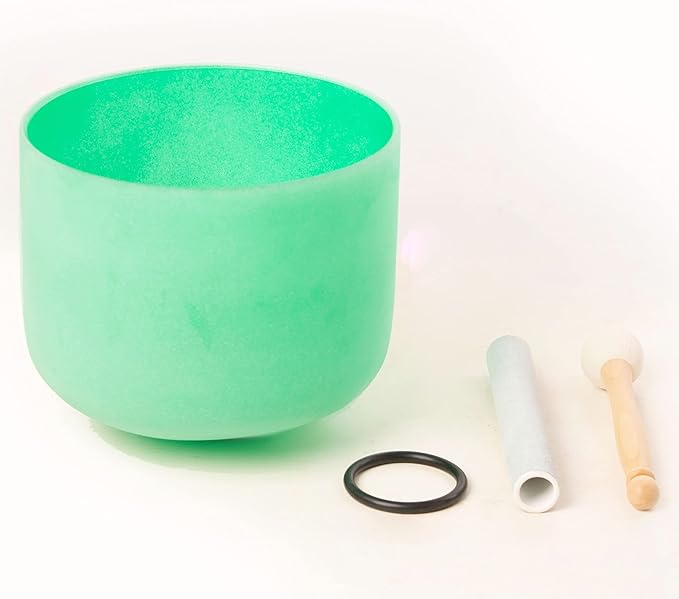 Leize Quartz Crystal Singing Bowl F Note 432 hz Heart Chakra Green 9" with Suede Striker