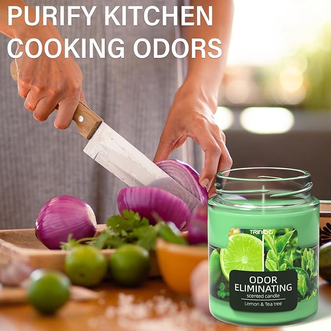 TRINIDa Lemon & Tea Tree Odor Eliminating Candles for Home Scented, Eliminates 99% of Pet, Smoke, Food and Other Smells Quickly, Highly Fragranced Candle, Premium Soy Candles Set for Women