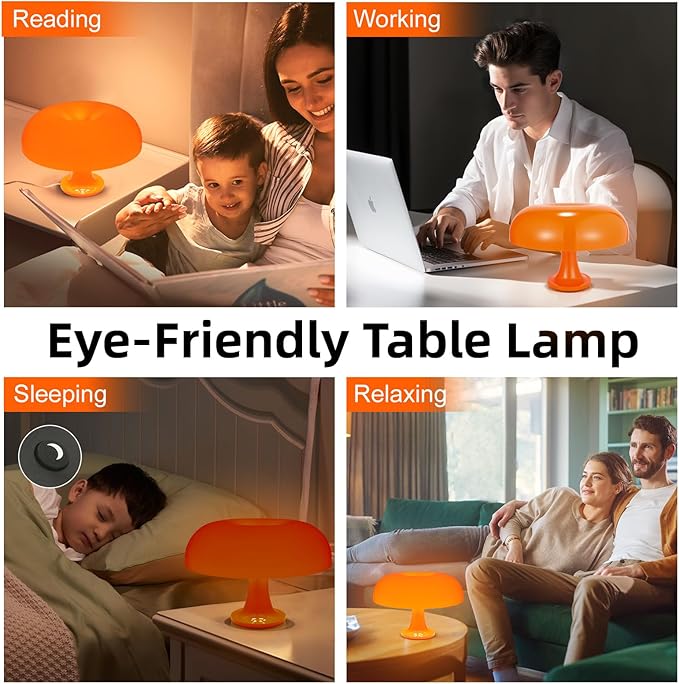 Orange Mushroom Table Lamp, Dimmable with 3 Lighting Settings, Retro Mushroom Shade Shaped Desk Lamp, Suitable for Bedroom, Living Room, Perfect for Aesthetic Mid Century Modern Decor