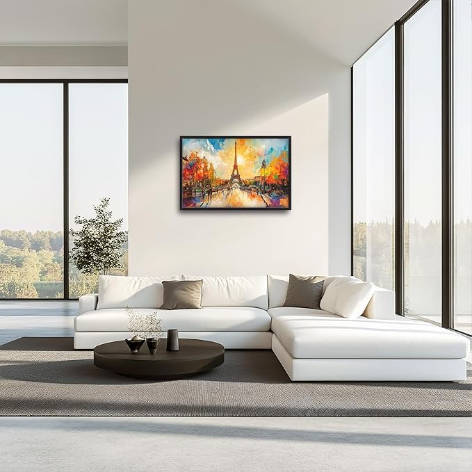 Framed Large Eiffel Tower Wall Art for Living Room, Oversized Paris City Street Landscape Wall Decor, Colorful Sunrise Canvas Painting Modern Artwork for Living Room Bedroom Office 36"x24"