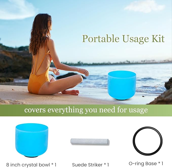 432HZ 8 Inchs Frosted Crystal Singing Bowl Set for Meditation Healing Yoga Chakra Quartz Crystal Sound Bowls with Heavy Duty Carry Case and Rubber Mallet,Suede Striker,O-rings