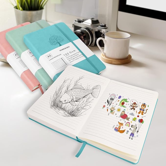 Journals for Writing, A5 Leather Ruled Notebook with 400 Pages, 100 Gms College Ruled Journal with Thick Paper, Hardcover with Inner Pocket & Pen Holder, Lake Green