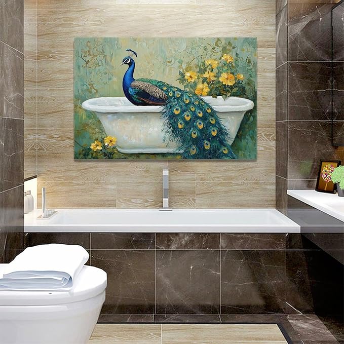 Fleruku Vintage Peacock Wall Art Elegance Bathroom Wall Decor Green Peacock Pictures Canvas Painting Artwork Home Decorations for Living Room Bedroom Office 24"x16"