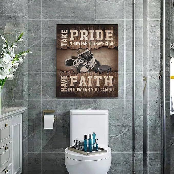 Fleruku Rustic Hockey Wall Art Sports Wall Decor Inspirational Quotes Brown Pictures Ice Hockey Sign Canvas Painting Artwork Home Decorations for Boy Man Teenager Fans Bedroom Living Room 20"x24"