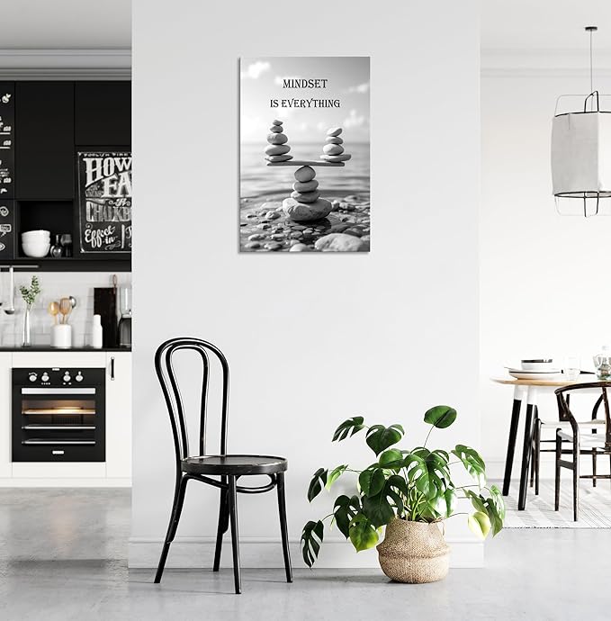 YIOZHAOFH Mindset Wall Art for Zen Office Inspirational Pictures Wall Decor Motivational Quotes Canvas Art Black and White Landscape Nature Print Poster Painting Framed for Meditation Spa Room Bedroom (24L x 36W)