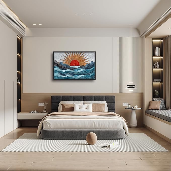 Glocmna Large Wall Art for Living Room Japanese Stained Glass Mountain Sunrise Wall Decor Modern Oriental Landscape Canvas Big Pictures Painting Print Framed Artwork Decorations Gifts for Bedroom Home Office Hotel 24"x36"