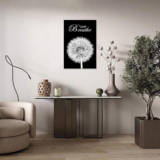 YIOZHAOFH Black Dandelion Picture Artwork Bedroom Decoration Just Breathe Canvas Painting Photo Relaxing Bathroom Art Wall Decor Framed for Home Meditation Room Office Dorm (12L x 16W)