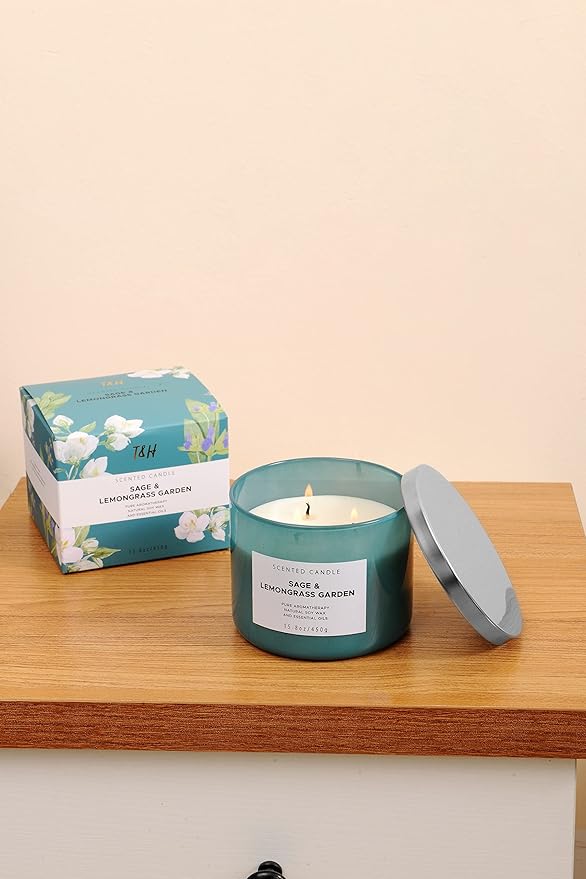 Sage Lemongrass Garden 3 Wick Scented Candle | Large Soy Candles for Home 15.8 oz | Long Lasting Stress Relief Candle | Soothing Sage Candles for Cleansing | Aromatherapy Candle Gift for Women & Men