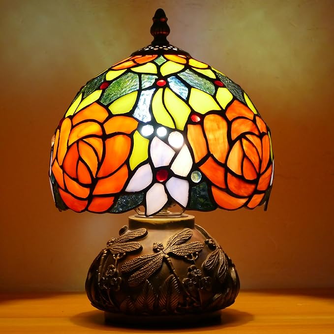 Small Tiffany Lamp Stained Glass Table Lamp Mini Accent Lamp Handmade Mushroom Desk Memory Lamp Sympathy Bedside Night Light 8X11.5 Inch (Red Yellow Rose Style)
